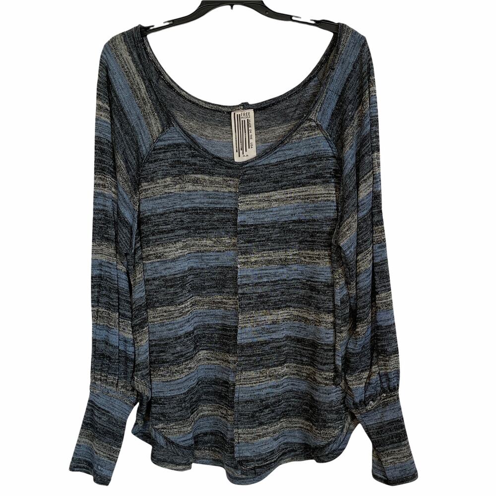 Free People Blue Gray Black Blouse Scoop Neck Long Raglan Sleeves Size M
